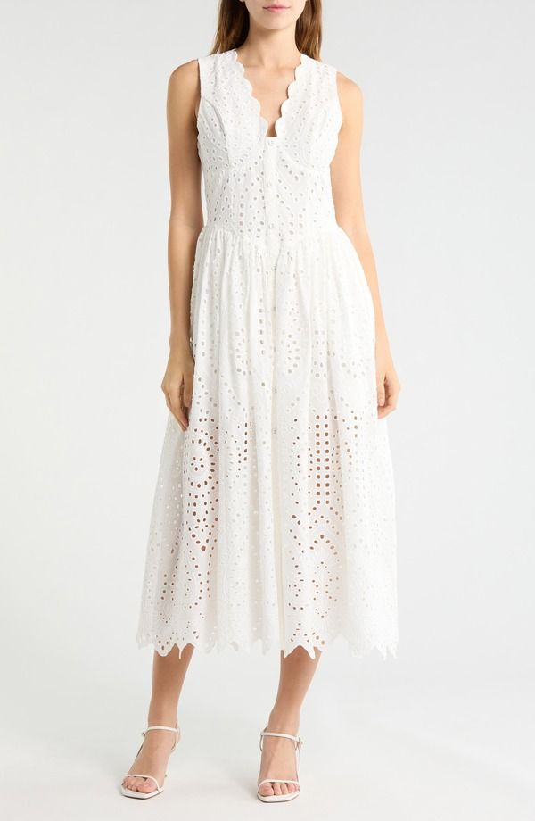 アヴェックレフィーユ レディース トップス ワンピース ミディ コットン Avec Les Fillescallop Neck Cotton Eyelet Midi Dress White ホワイト