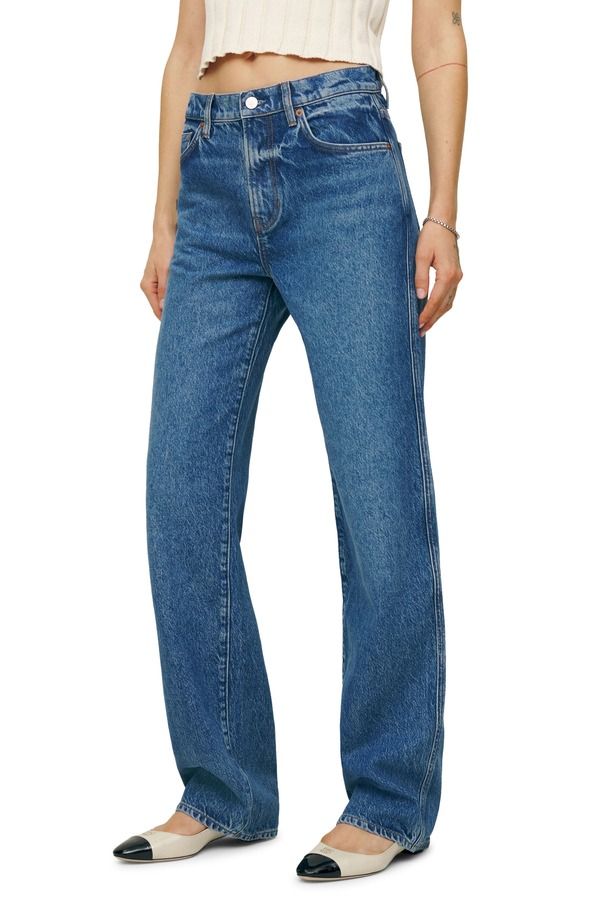 リフォーメーション レディース ボトムス デニムパンツ ストレート ジーンズ Reformation Val Baggy Distressed Straight Leg Jeans Pelican