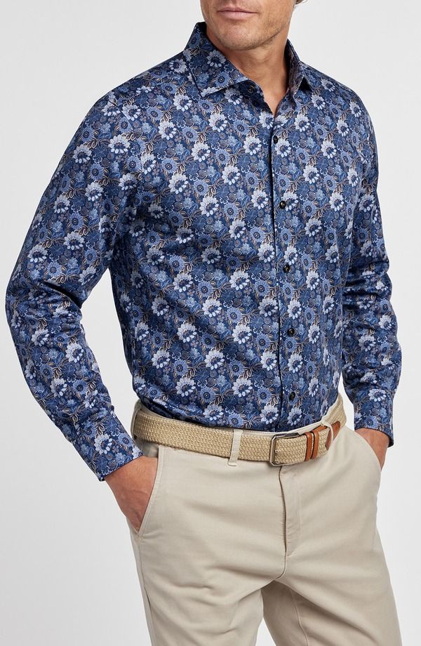 デイビッドドナヒュー メンズ トップス シャツ フラワー柄 プリント フラワー Davidonahue Floral Print Sport Shirt Navy Brown ネイビー