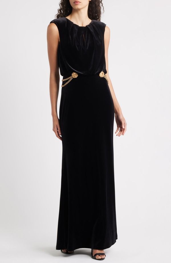 ヴィンスカムート レディース トップス ワンピース ドレープ ベルベット Vince Camuto Chain Detail Draped Velvet Gown Black ブラック