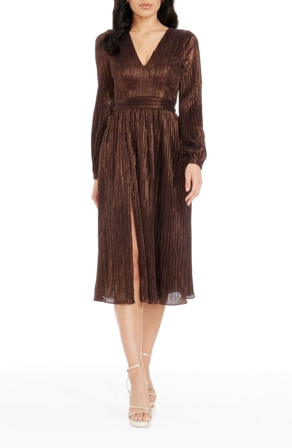 ドレスザポプレーション レディース トップス ワンピース トール Dress the Population Holly Long Sleeve Metallic Pliss Dress Mocha モカ