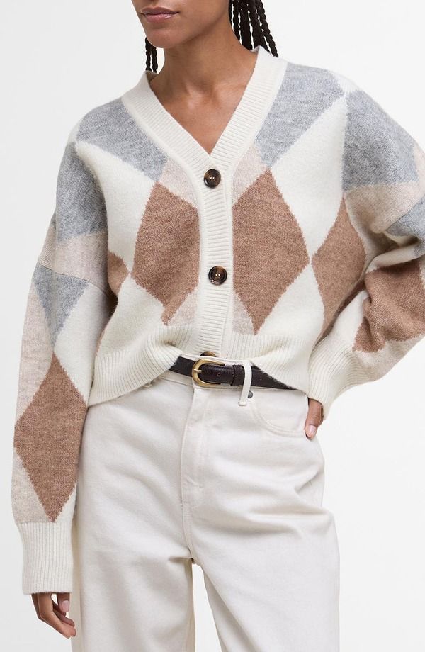 バブアー レディース アウター パーカー・スウェット ウール カーディガン Barbour Silvia Diamond Jacquard Wool Blend Cardigan Ivory Multi アイボリー