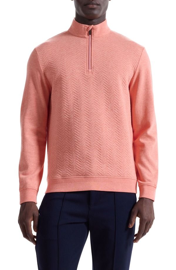 ブガッチ メンズ アウター パーカー・スウェット ハーフジップ コットン Bugatchi Chevron Quarter Zip Cotton Blend Pullover Coral コーラル