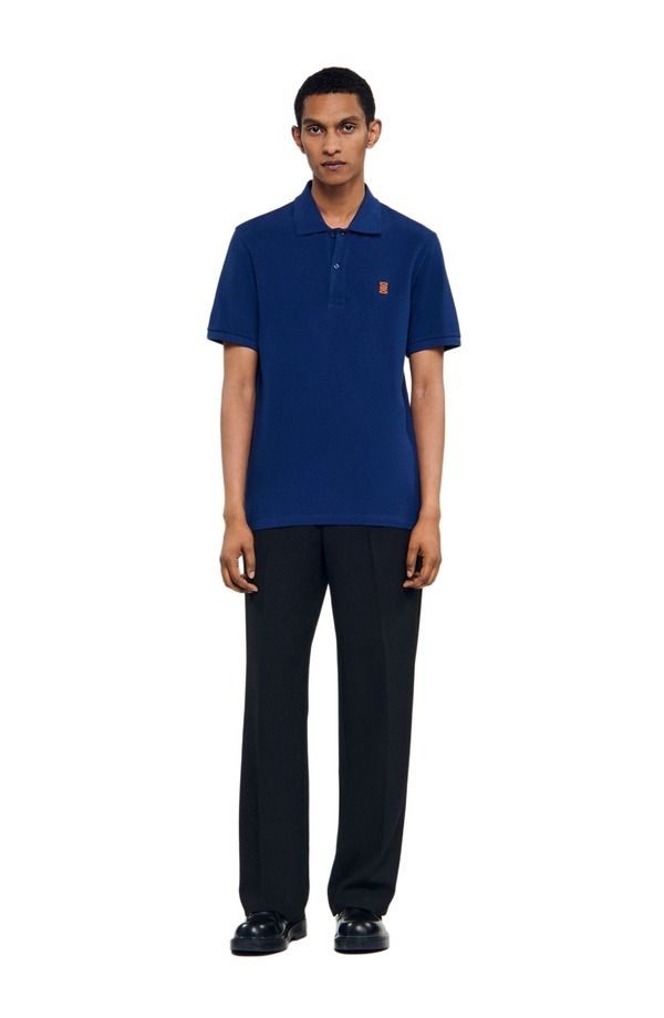 サンドロ メンズ トップス ポロシャツ レザー ロゴ SANDRO Polo shirt with leather logo Navy Blue ネイビー