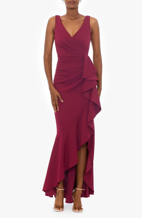 ベッツィアンドアダム レディース トップス ワンピース Vネック フリル Betsy Adam VNeck Cascade Ruffle HighLow Gown Bordeaux