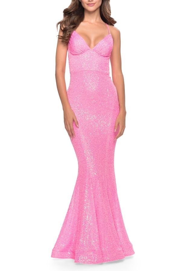 ラフェム レディース トップス ワンピース オープンバック スパンコール La Femme Fitted Stretch Sequin Dress with Open Back andefined Cups Neon Pink ピンク