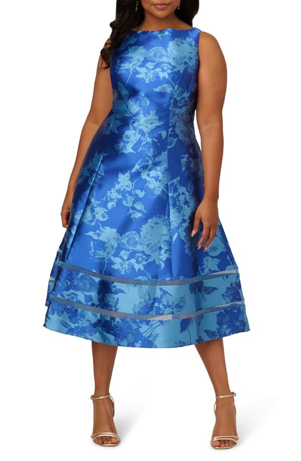 アドリアナ パペル レディース トップス ワンピース フラワー柄 トール フラワー Adrianna Papell Metallic Floral Jacquard Fit Flare Cocktail Dress Blue Multi ブルー