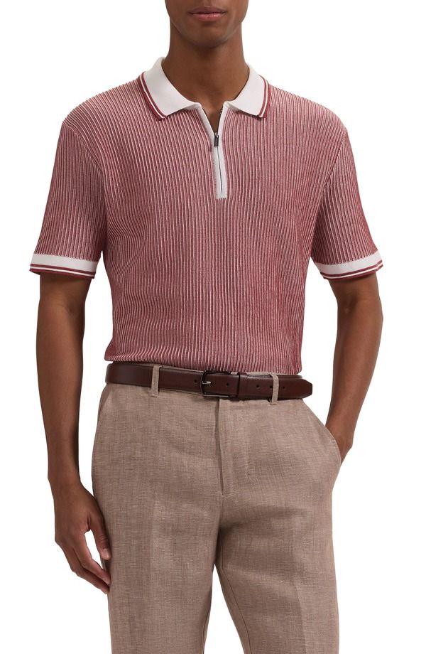 ブガッチ メンズ トップス ポロシャツ ハーフジップ セーター シルク コットン Bugatchi Ottoman Stitch Cotton Silk Quarter Zipolo Sweaterio Red レッド