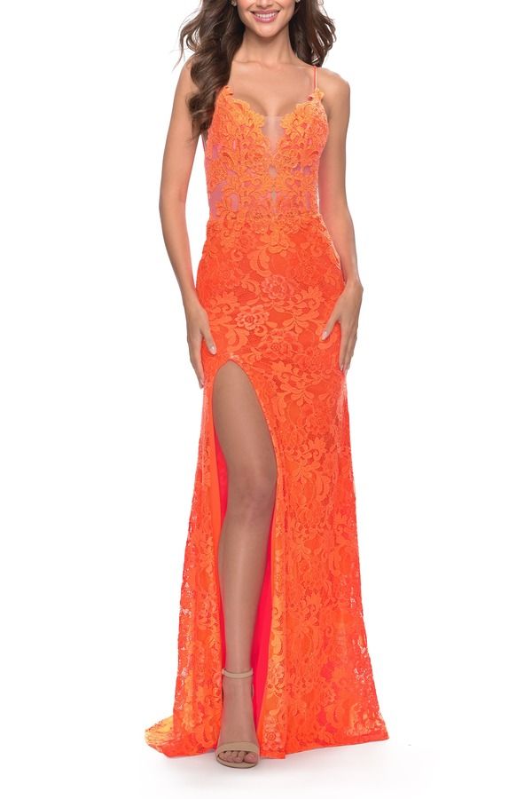 ラフェム レディース トップス ワンピース レース La Femme Stretch Lace Prom Dress ineon Orange オレンジ