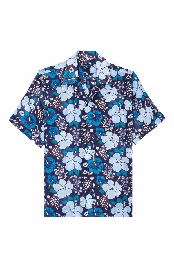 ヴィルブレクイン メンズ トップス シャツ リネン Vilebrequin Mens Bowling Linen Tropical Turtleshirt Minuit