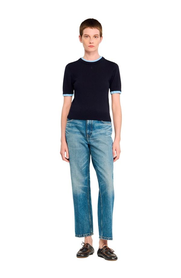サンドロ レディース アウター パーカー・スウェット セーター クロップド SANDRO Twotone cropped sweater Navy Blue ネイビー