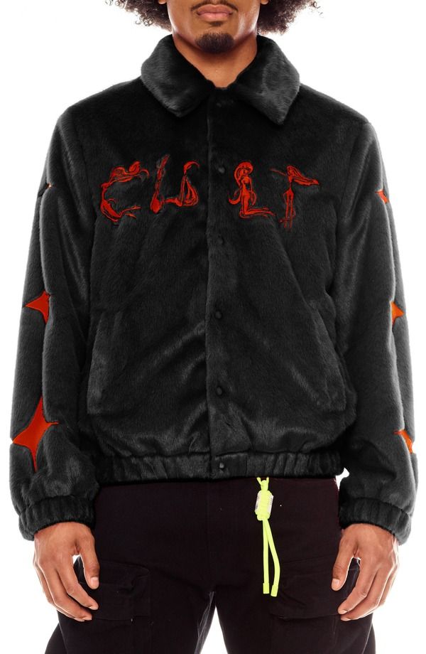 カルト オブ インディビジュアリティ メンズ アウター ジャケット・ブルゾン 刺繍 Cult of Individuality Embroidered Faux Fur Jacket Black ブラック