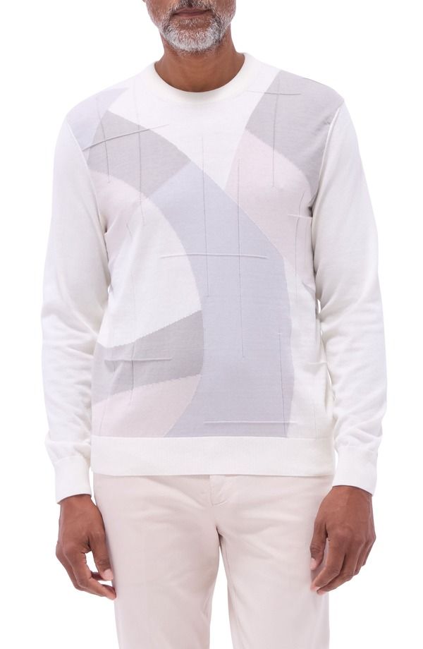 ブガッチ メンズ アウター パーカー・スウェット クルーネック セーター シルク コットン Bugatchi Abstract Cotton Silk Crewneck Sweater Chalk チョーク