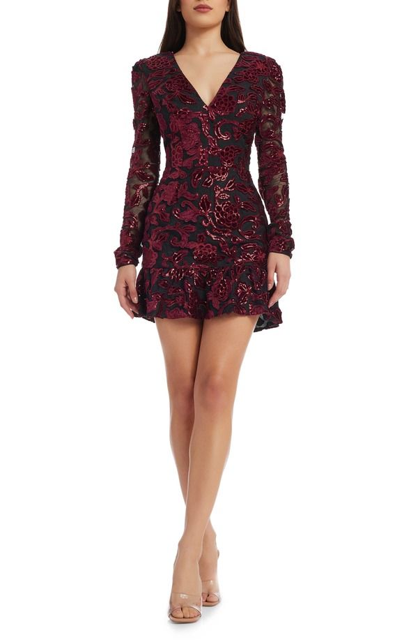 ドレスザポプレーション レディース トップス ワンピース フラワー柄 ミニ スパンコール フラワー Dress the Population Kelsey Sequin Floralong Sleeve Minidress BurgundyBlack ブラック