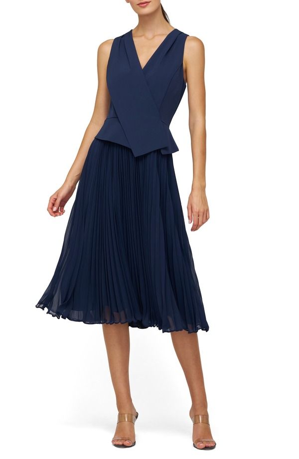 ケイ アンジャー レディース トップス ワンピース プリーツ Kay Unger Orella Pleated Mixed Media Cocktail Dress Dark Midnight