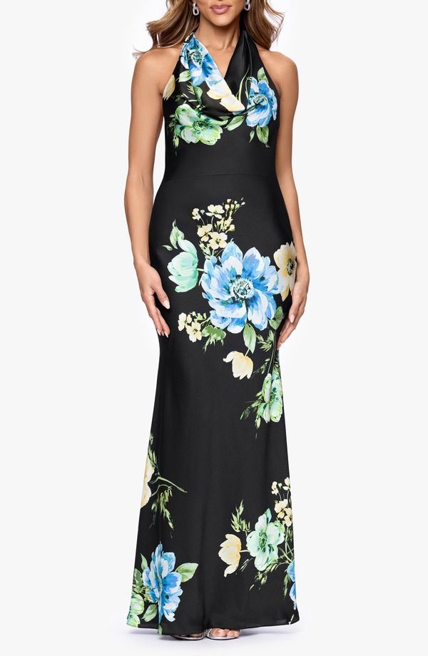 ベッツィアンドアダム レディース トップス ワンピース フラワー柄 サテン フラワー ホルター Betsy Adam Floral Satin Halter Gown Black Multi ブラック