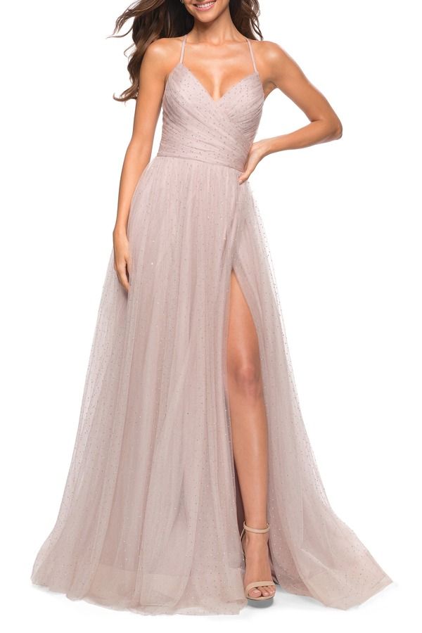 ラフェム レディース トップス ワンピース チュール レース La Femme Rhinestone Tulle Ballgown with Slit and Lace Up Back Mauve