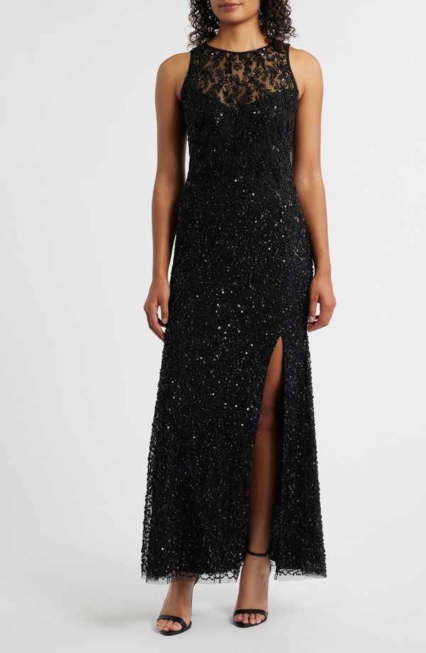 ピサッロナイツ レディース トップス ワンピース A ライン フラワー柄 スパンコール ノースリーブ フラワー Pisarro Nights Floral Beaded Sequin Sleeveless ALine Gown Black ブラック