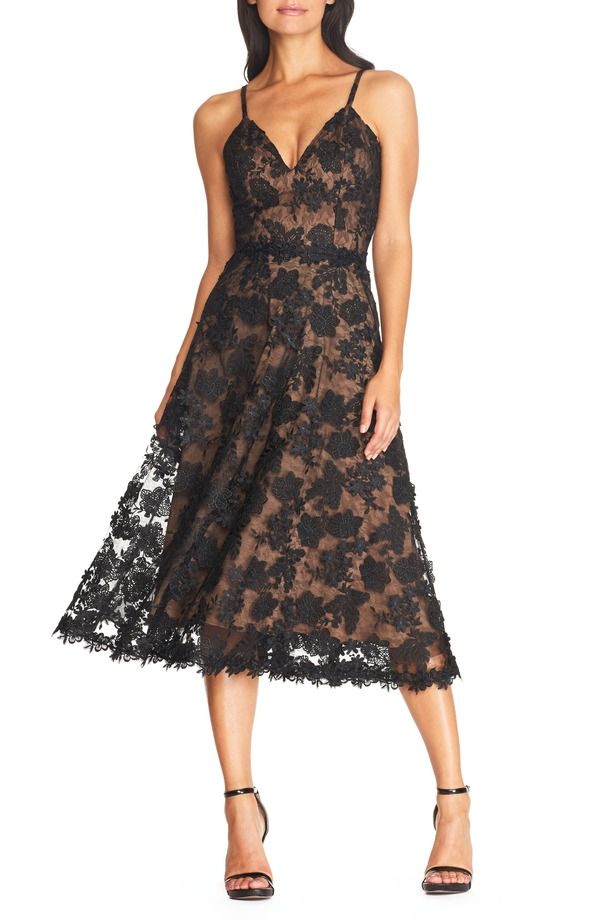 ドレスザポプレーション レディース トップス ワンピース フラワー柄 ミディ 刺繍 フラワー Dress the Population Tahani Floral Embroidered Fit Flare Midi Dress BlackNude ブラック