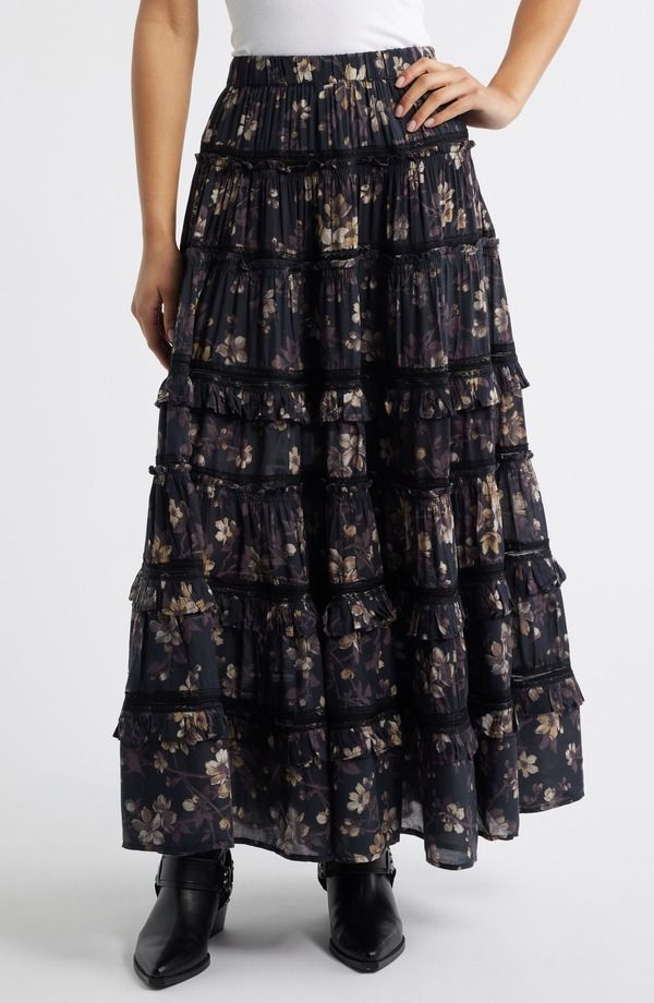オールセインツ レディース ボトムスカート フラワー柄 プリント フリル レース マキシ フラワー AllSaints Talia Floral Print Ruffle Lace Maxi Skirt Vine Black ブラック