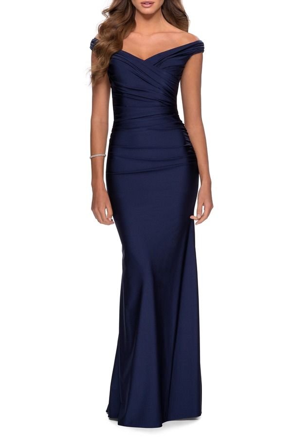 ラフェム レディース トップス ワンピース La Femme Off the Shoulder Prom Dress with Sweetheart Neckline Navy ネイビー