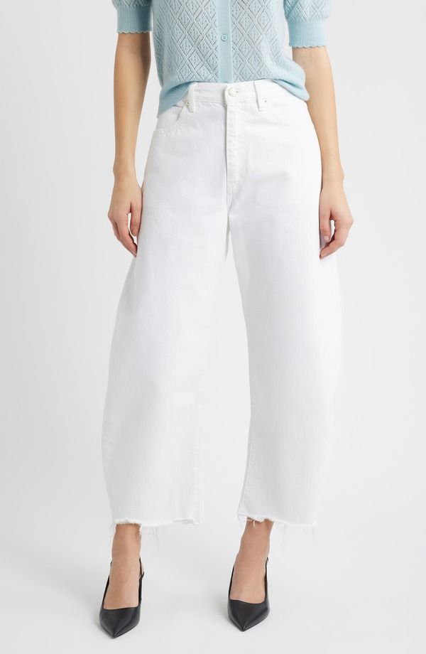 フレーム レディース ボトムス カジュアルパンツ ハイウエスト ジーンズ FRAME The Bubble Frayed High Waist Crop Barrel Jeans White New Fray ホワイト