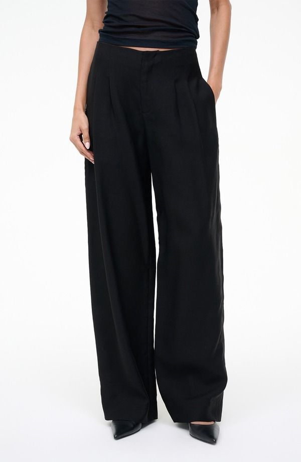 スタウド レディース ボトムス レギンス ワイドレッグ プリーツ パンツ ウール STAUD Pierre Pleated Wool Blend Wide Leg Pants Black ブラック