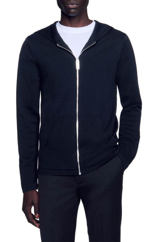 サンドロ メンズ アウター パーカー・スウェット カーディガン SANDRO Zipped cardigan withood Black ブラック