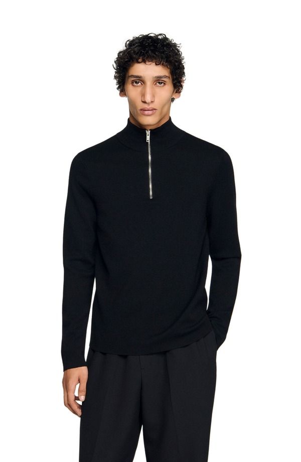 サンドロ メンズ アウター パーカー・スウェット ウール セーター SANDRO Wool sweater with zip collar Carbon Black ブラック
