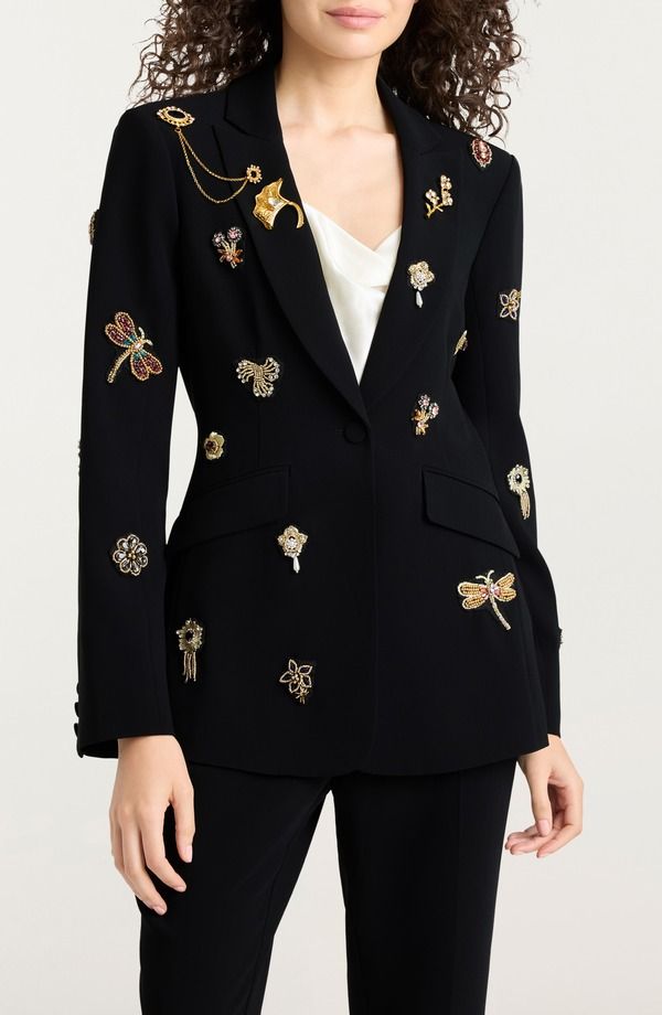 サンク セプト レディース アウター ジャケット・ブルゾン クレープ Cinq Sept Beaded Brooches Crepe Jacket Black ブラック
