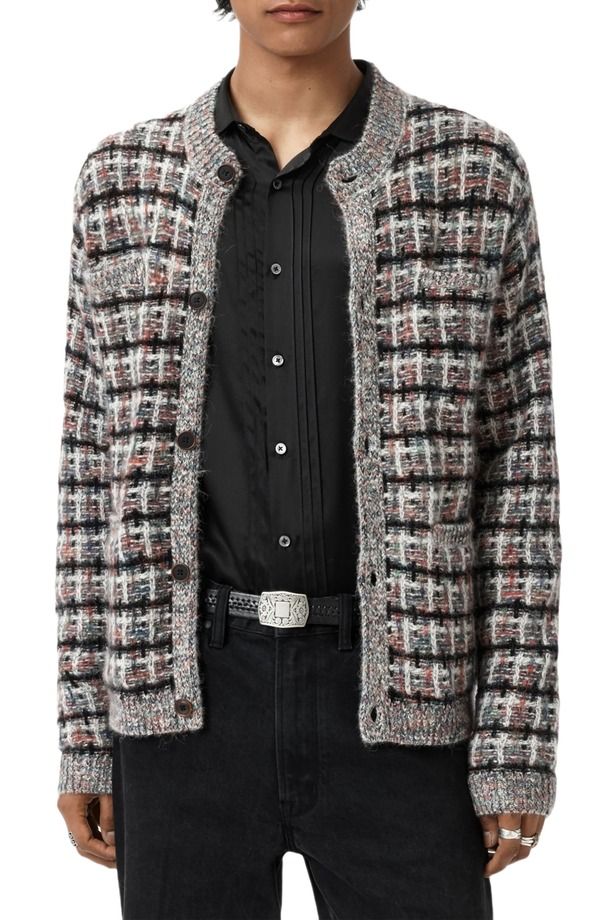 ジョンバルベイトス メンズ アウター パーカー・スウェット ウール カーディガン John Varvatos Geometric Pattern Wool Cashmere Cardigan Smoked Pearl Grey パール