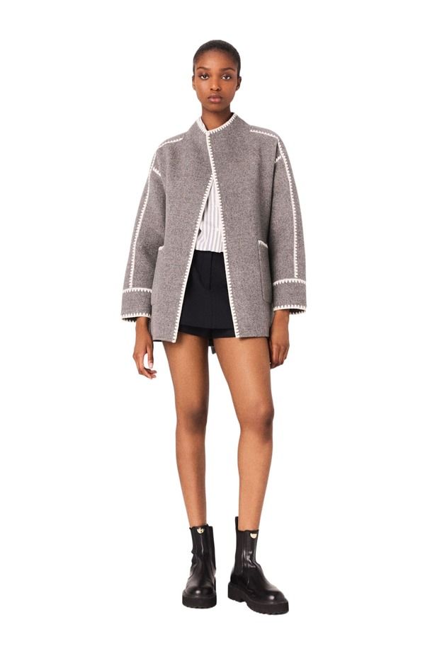 マージュ レディース アウター ジャケット・ブルゾン コート maje Doublefaced coat with trim GreyWhite ホワイト