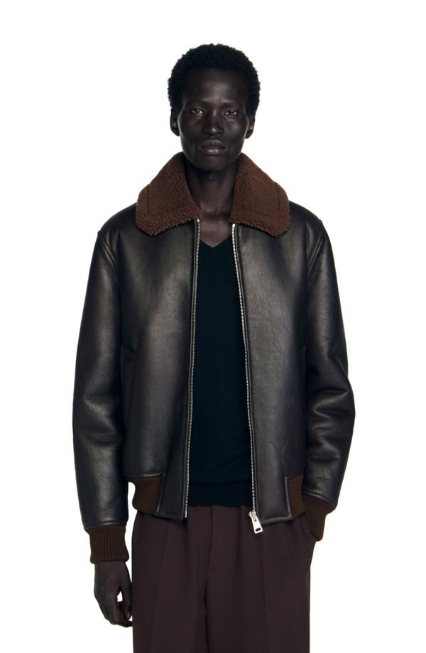 サンドロ メンズ アウター ジャケット・ブルゾン レザー SANDRO Reversed leather jacket Chocolate チョコレート