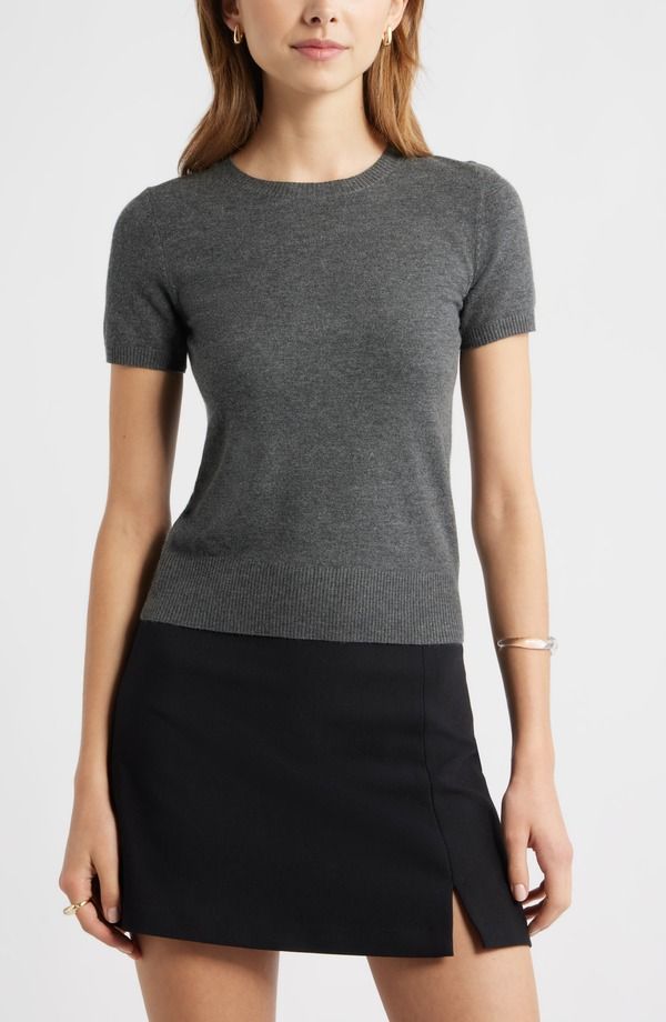 オープンエディット レディース アウター パーカー・スウェット セーター Open Edit Fitted Short Sleeve Sweater Grey Medium Charcoal Heather チャコール