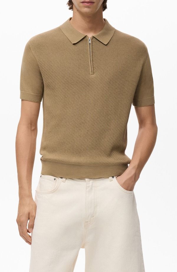 マンゴ メンズ トップス ポロシャツ MANGOpenwork Zipolo Beige ベージュ