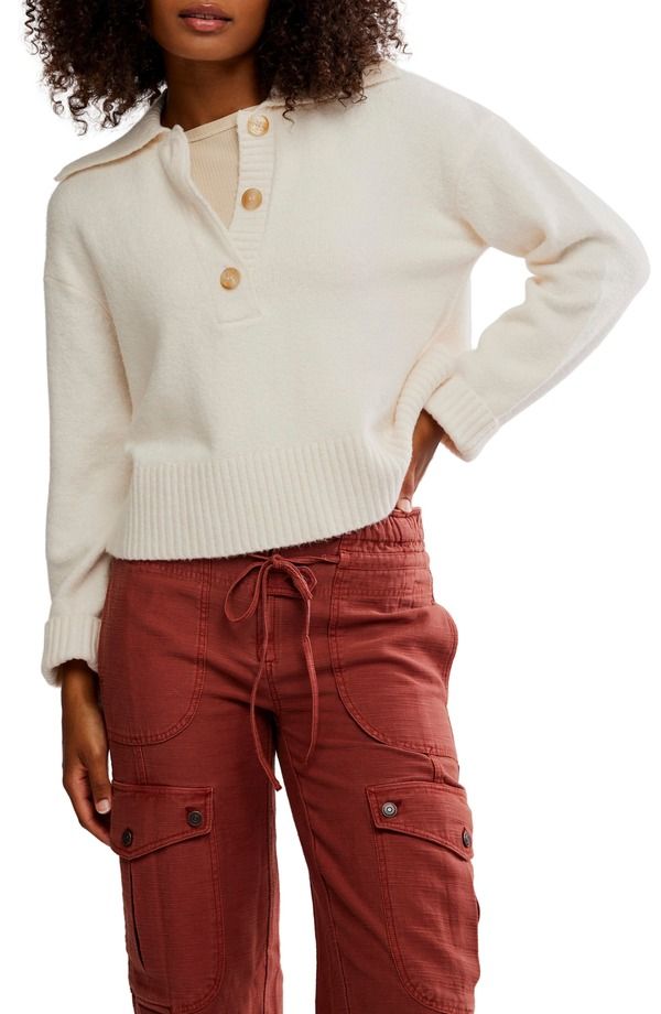 フリーピープル レディース アウター パーカー・スウェット ポロシャツ セーター コットン Free People Trading Up Cotton Blend Polo Sweater Ivory アイボリー