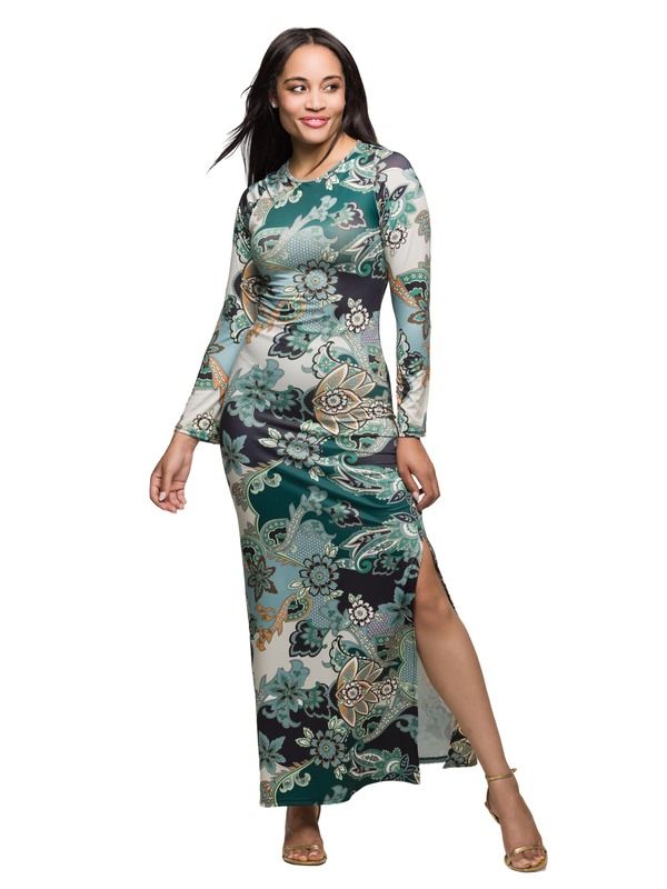 24 セブンコンフォート レディース トップス ワンピース サイドスリット プリント マキシ 24seven Comfort Apparel Paisley Print Long Sleeve Side Slit Maxi Dress Green Multi