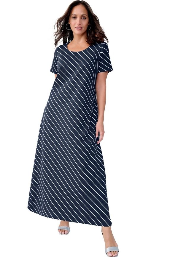 ジェシカロンドン レディース トップス ワンピース Tシャツ コットン マキシ Jessica London Stretch Cotton TShirt Maxi Dress Navy Biastripe ネイビー