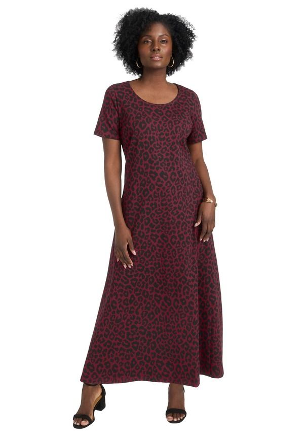 ジェシカロンドン レディース トップス ワンピース Tシャツ コットン マキシ Jessica London Stretch Cotton TShirt Maxi Dress Burgundy Classicheetah バーガンディ