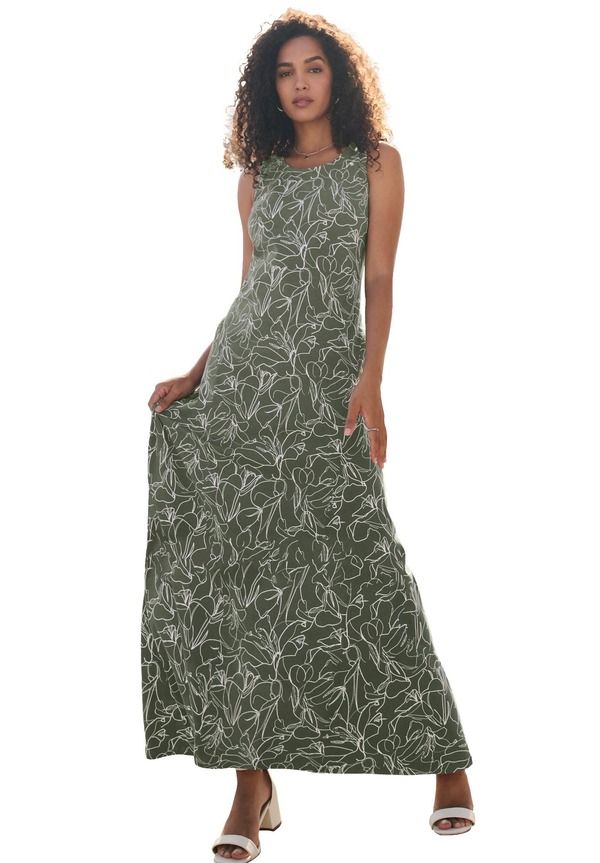 ジェシカロンドン レディース トップス ワンピース コットン マキシ Jessica London Stretch Cotton Tank Maxi Dress Olive Green Orchid グリーン