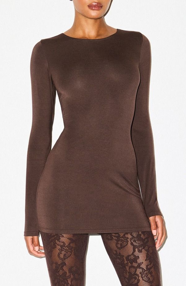 スキムズ レディース トップス ワンピース クルーネック ミニ SKIMSmooth Layers Crewneck Long Sleeve Minidress Espresso