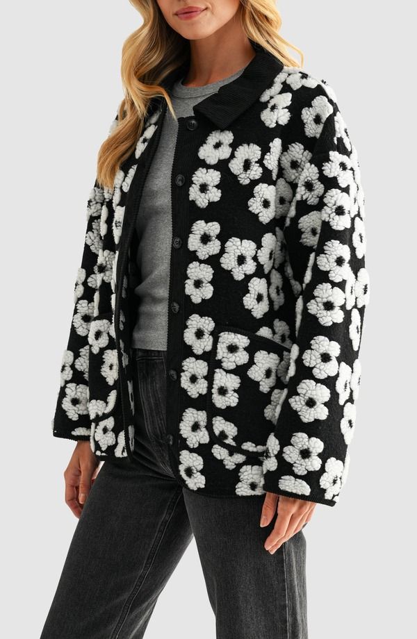 オールインフボール レディース アウター ジャケット・ブルゾン フラワー柄 フリース フラワー All in Favor Floral High Pile Fleece Jacket Black White ホワイト