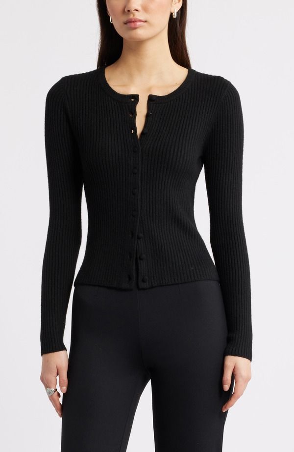 オープンエディット レディース アウター パーカー・スウェット クルーネック リブ カーディガン Open Edit Ribbed Crewneck Cardigan Black ブラック
