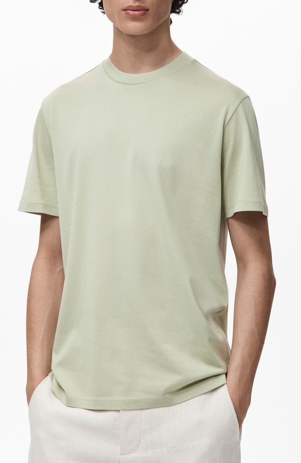 マンゴ メンズ トップス Tシャツ スリムフィット コットン MANGO Slim Fit Cotton TShirt Mint Green グリーン
