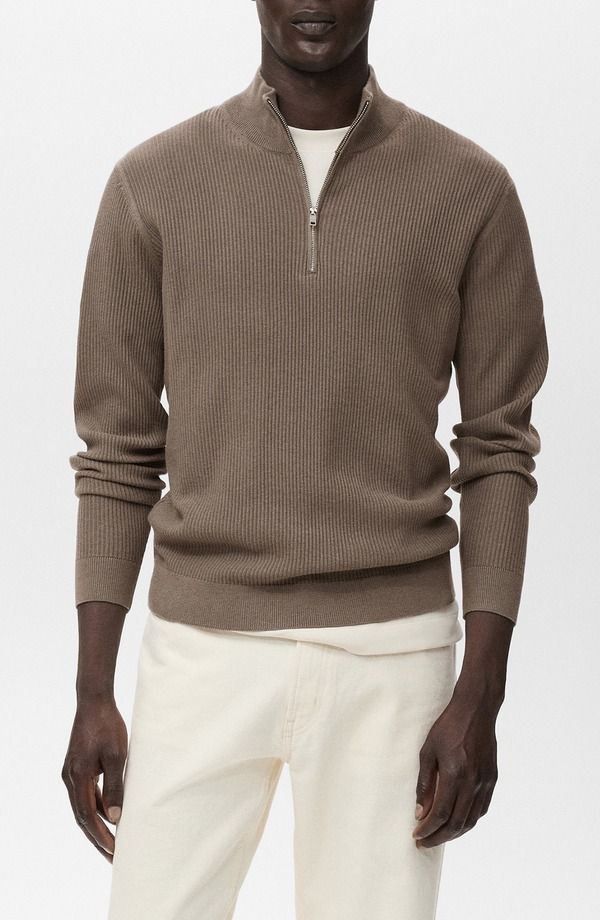マンゴ メンズ アウター パーカー・スウェット ハーフジップ セーター MANGO Rib Quarter Zip Sweater Mink Grey グレー 17,235円
