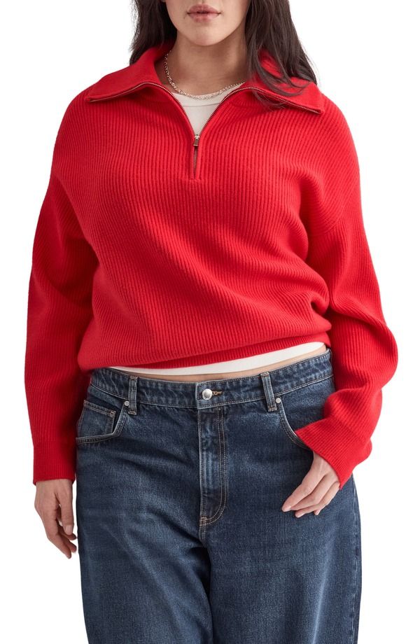 マンゴ レディース アウター パーカー・スウェット ハーフジップ セーター MANGO Half Zip Sweatered レッド