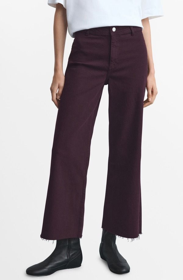 マンゴ レディース ボトムス デニムパンツ ワイドレッグ ハイウエスト ジーンズ MANGO Catherin Frayed High Waist Wide Leg Culotte Jeans Wine ワイン