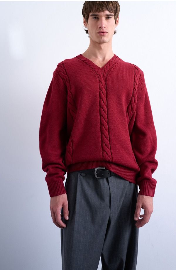トップマン メンズ アウター パーカー・スウェット Vネック セーター Topman VNeck Cable Sweatered レッド