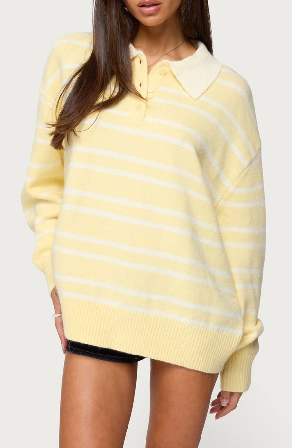 アディクテッド レディース アウター パーカー・スウェット ポロシャツ セーター EDIKTED Rilynn Stripe Polo Sweater YellowAndWhite ホワイト