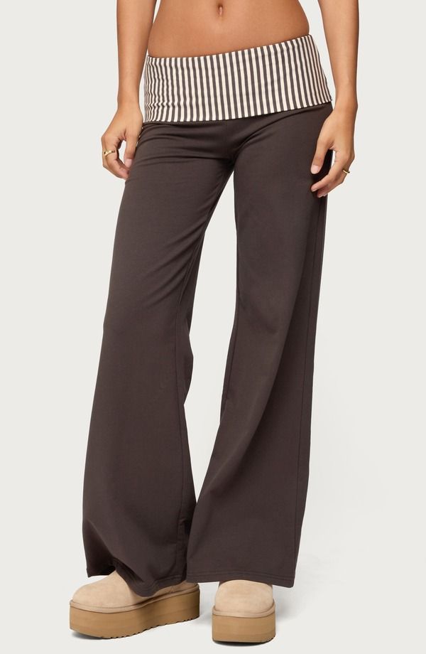 アディクテッド レディース ボトムス レギンス メッシュ パンツ EDIKTED Meshey Striped Foldover Pants DarkGray グレー